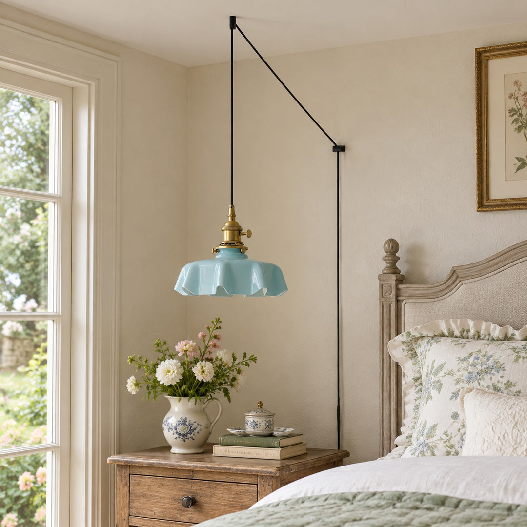 Pleated Glass Antique Brass Plug-In Swag Pendant