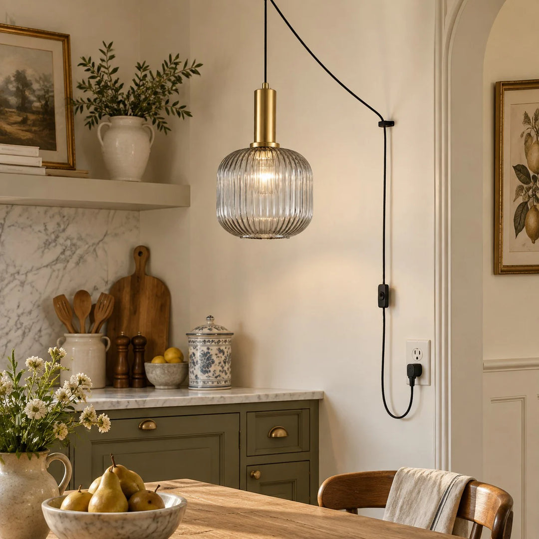 Retro ribbed glass plug-in pendant light in a home interior