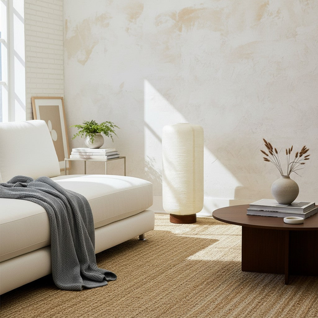 Tivo Minimalistische gerippte Stehlampe - Einfacher massiver Holzfuß mit Papierschirm, geeignet für Wohnzimmer und Schlafzimmer