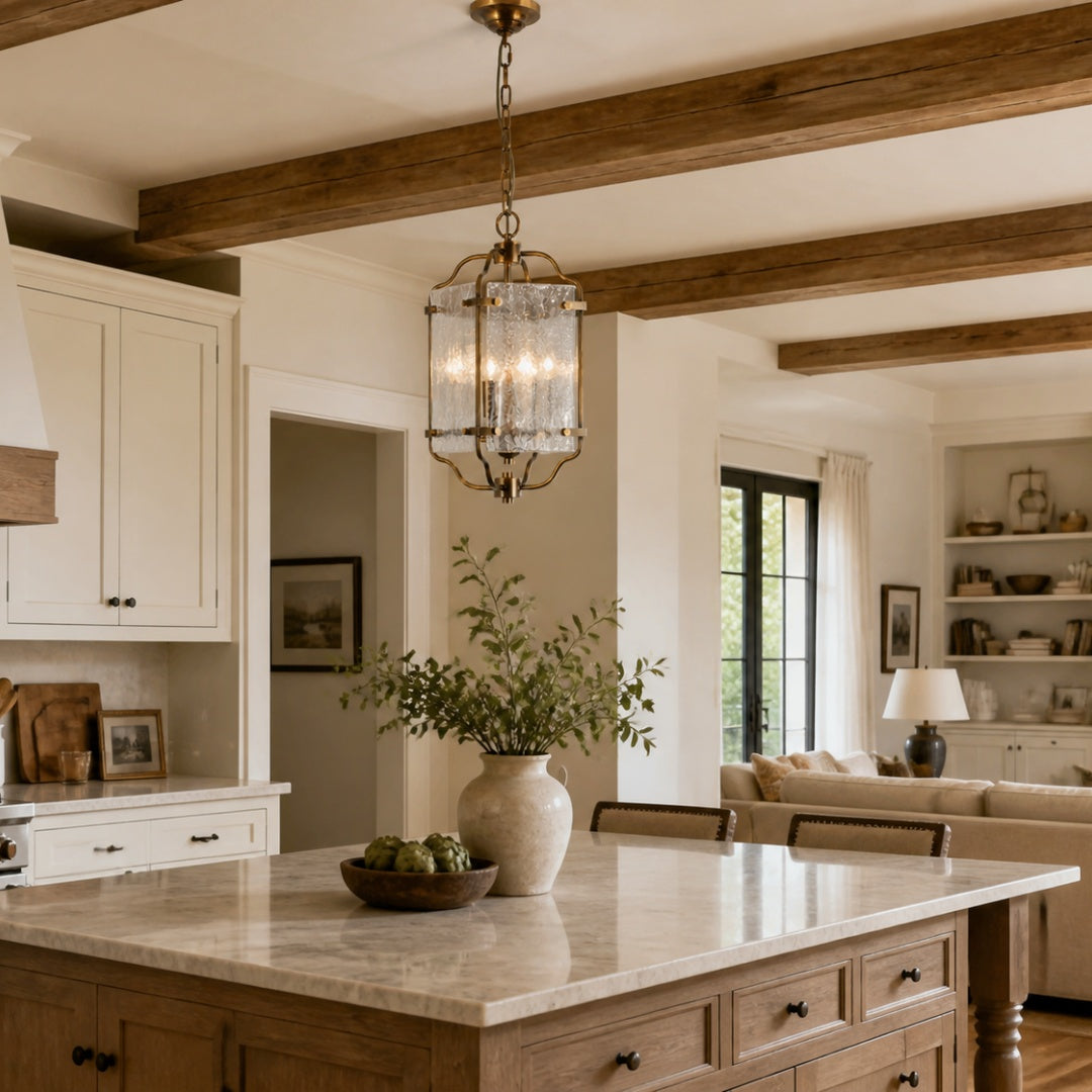 Brass and Pressed Glass Lantern Pendant Light