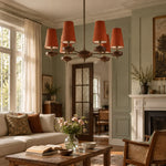 Charger l'image dans la visionneuse de galerie, 6-light Hour Rho chandelier in red velvet styled in a warm interior