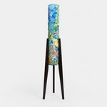 Load image into Gallery viewer, Blue botanical Liberty fabric tripod floor lamp with dark wood frame