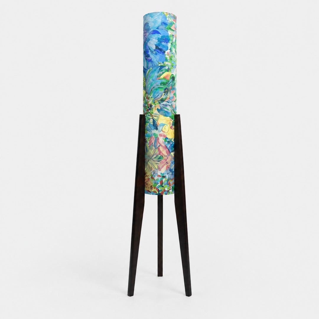 Blue botanical Liberty fabric tripod floor lamp with dark wood frame