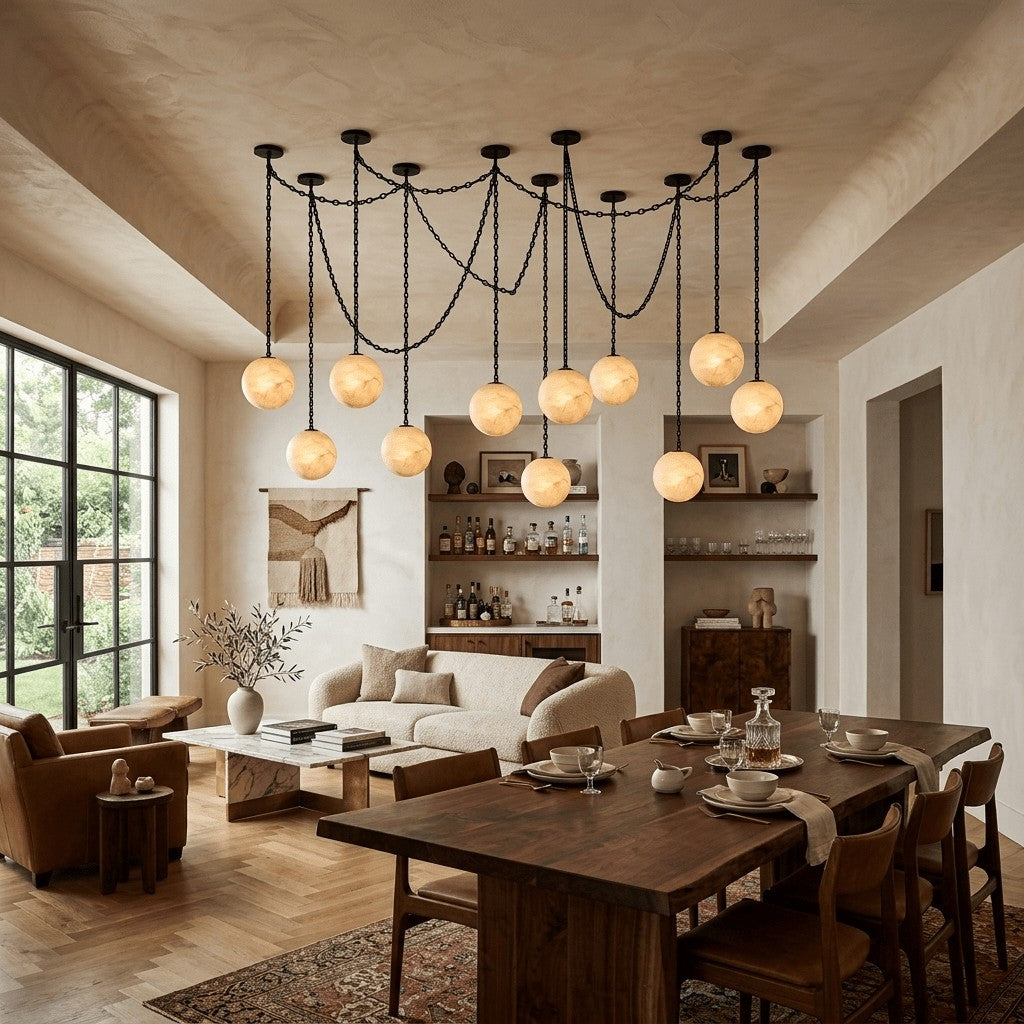 Black Metal Alabaster Globe Hardwired Chandelier