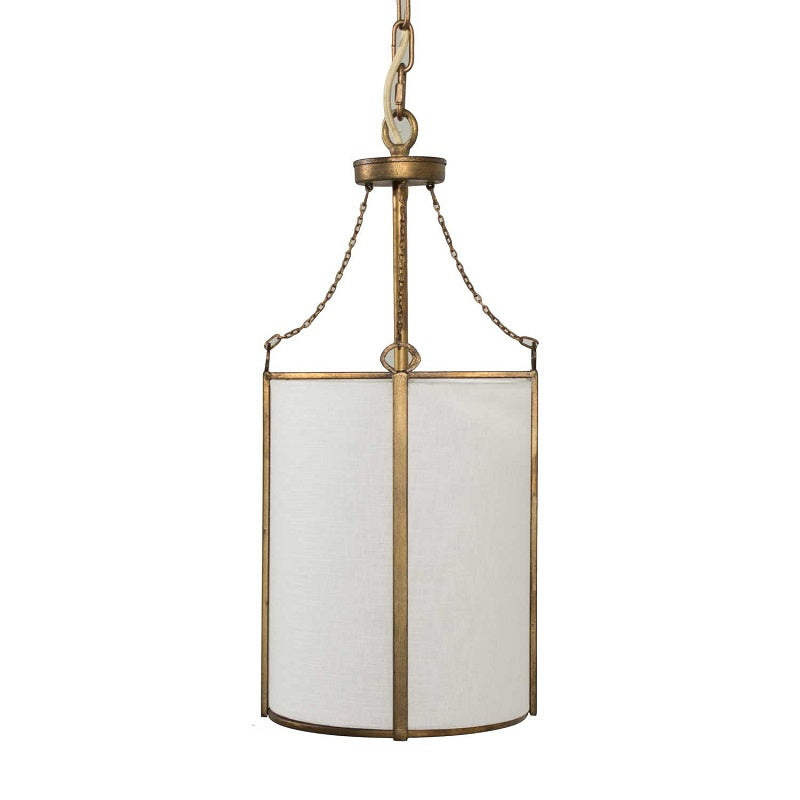 Antique Brass Carousel Chandelier with White Linen Drum Shade for Dining Room