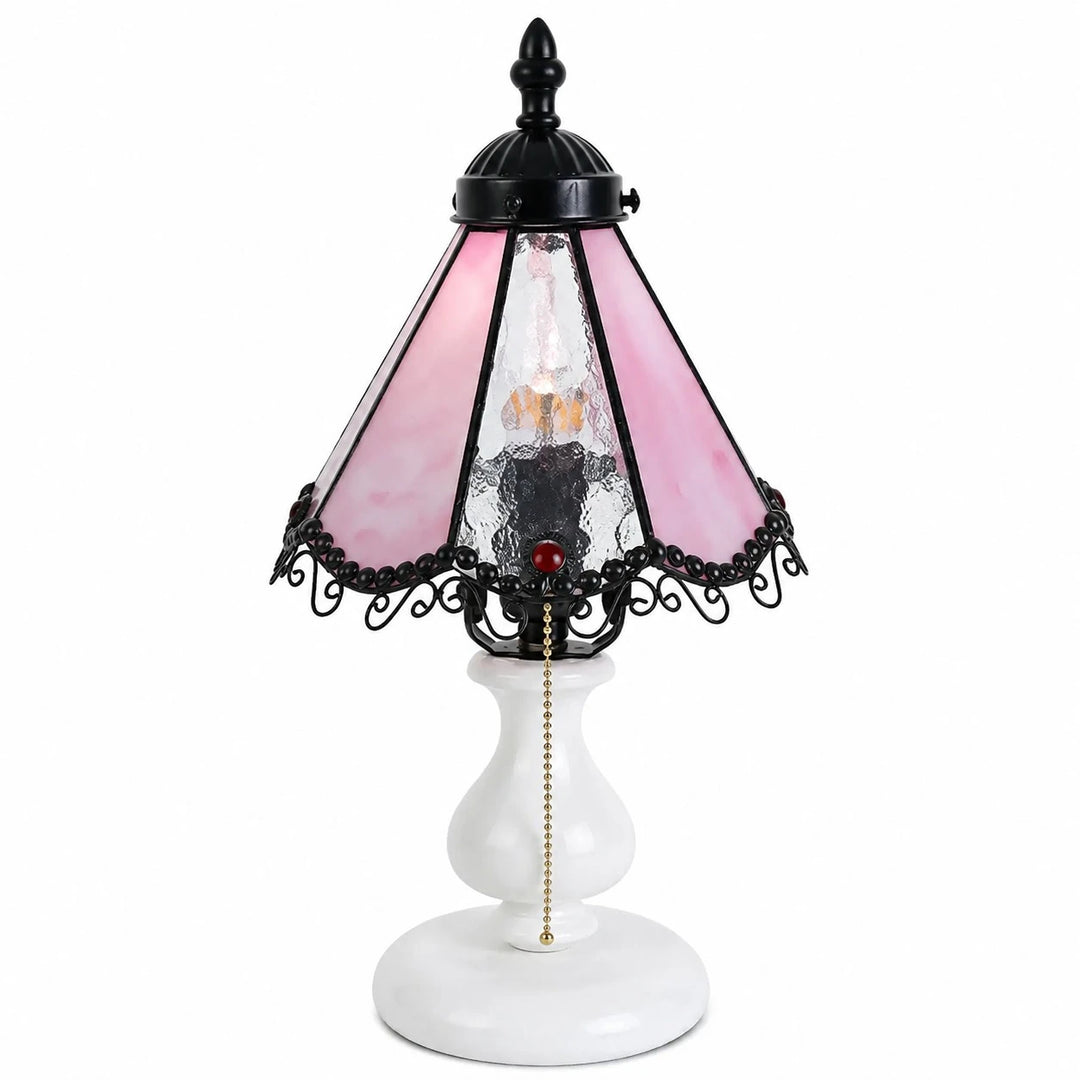 Cherry blossom pink vintage stained glass table lamp on a white background