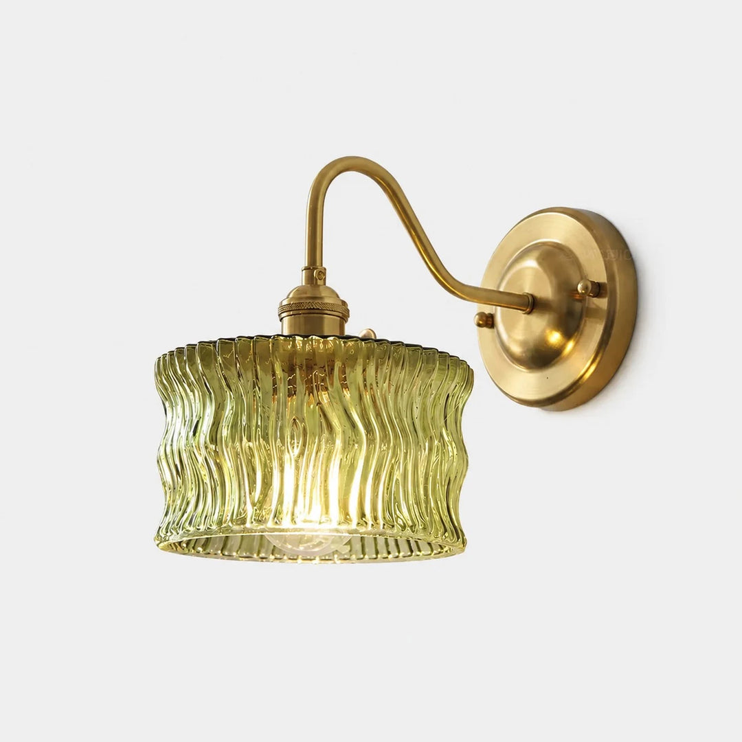 Olive green ripple glass wall sconce with brushed brass arm