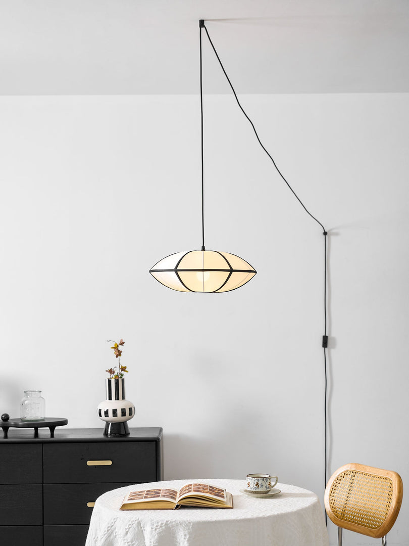 Black Metal White Fabric Plug-In Swag Pendant