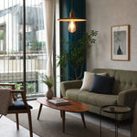 Bild in Gallery-Viewer laden, Warm wood pendant light in a living room seating area