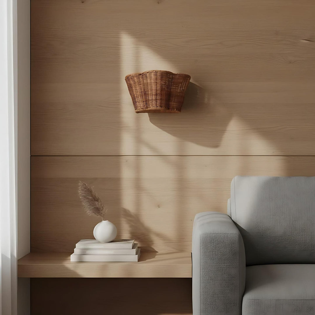 Wickara Gewebte Wandlampe – Wandlicht mit gewelltem Korbschirm für Schlafzimmer