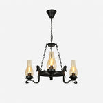 Charger l'image dans la visionneuse de galerie, Three-light black iron chandelier with clear hurricane glass shades