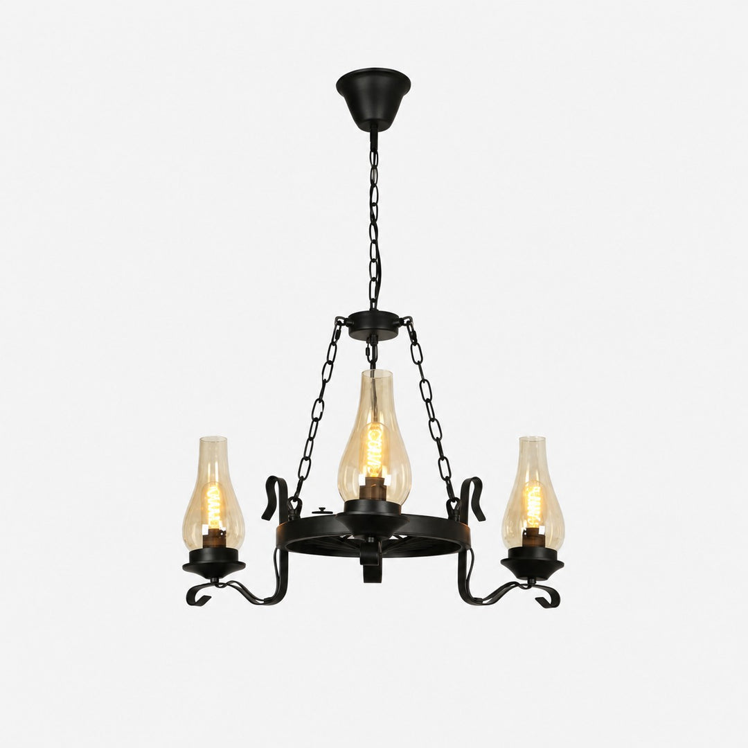 Three-light black iron chandelier with clear hurricane glass shades