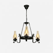 Three-light black iron chandelier with clear hurricane glass shades