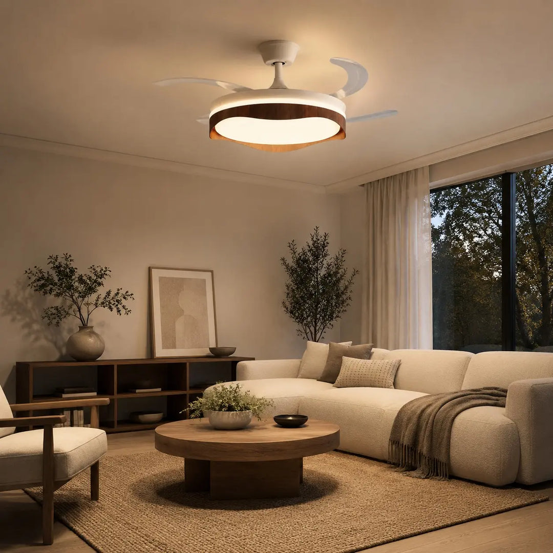 Ceiling fan light in an evening living room