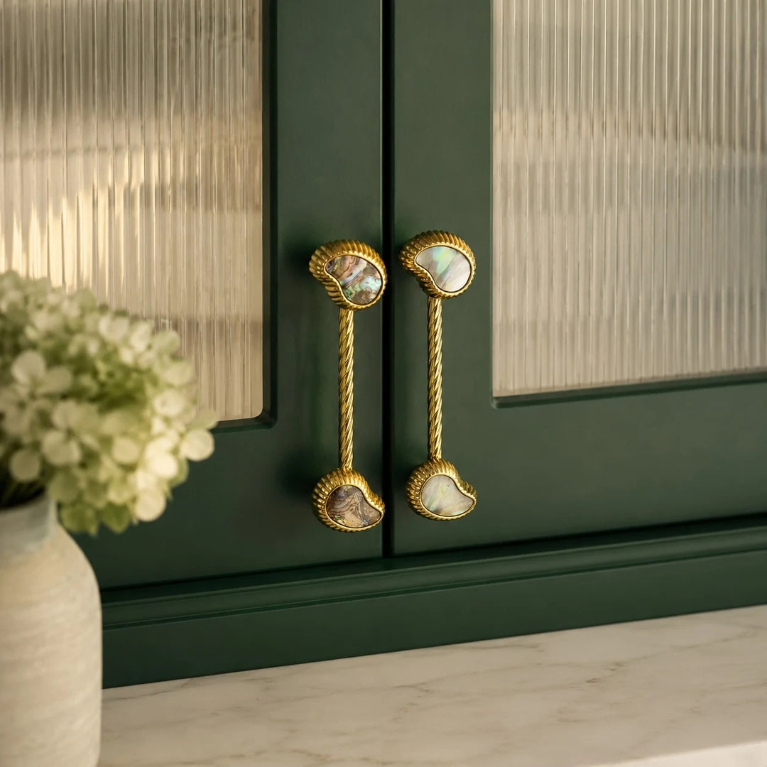 French Vintage Cashew Shell Brass Cabinet Knobs and Pulls - image 24