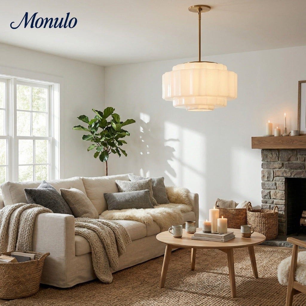 Geotower Glass Tiered Opal Pendant Light - Art Deco Vintage Style Ceiling Lamp for Living and Dining Areas