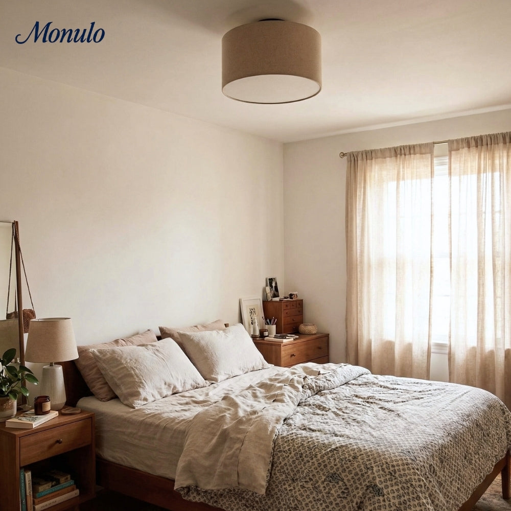 Lámpara de techo empotrada Jelvane Linen Drum: moderna lámpara de techo de tela para dormitorio