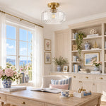 Charger l'image dans la visionneuse de galerie, Ribbed glass and brass semi-flush ceiling light in a styled room