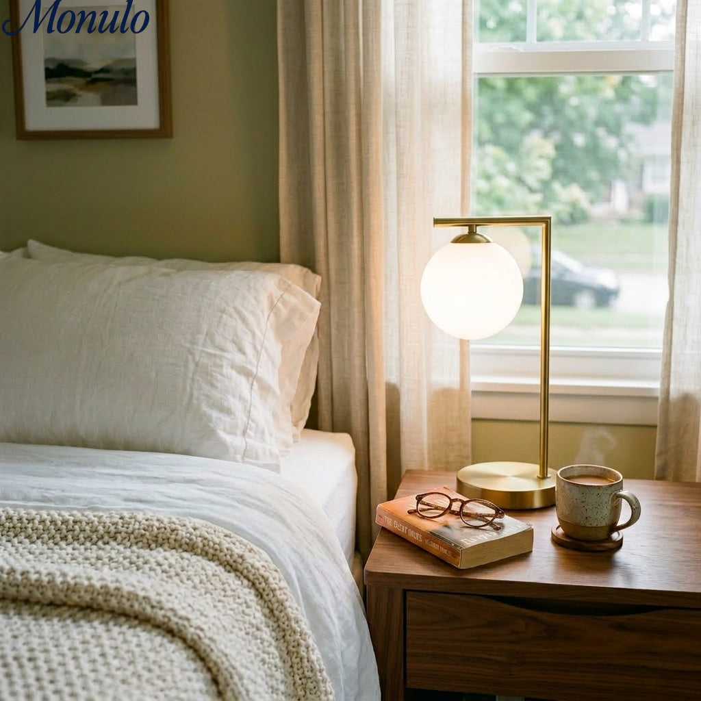 Modern Gold Frame Desk Lamp – Suspended Globe Light for Bedside and Home Office