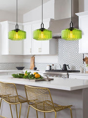Ribbed Glass Pendant Light - Vintage Green Glass Hanging Light with Modern Appeal