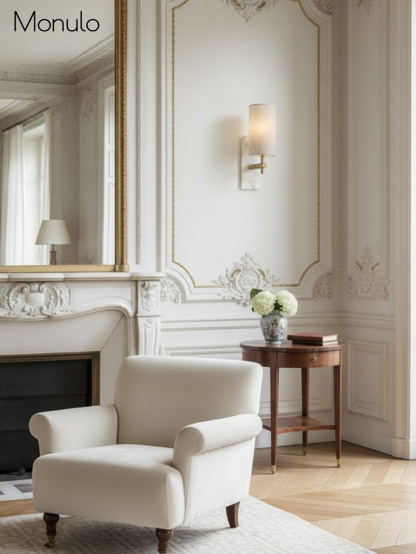 Mavora Linen Shade Wall Lamp with Stone Back Plate – Elegant Bedroom Wall Light