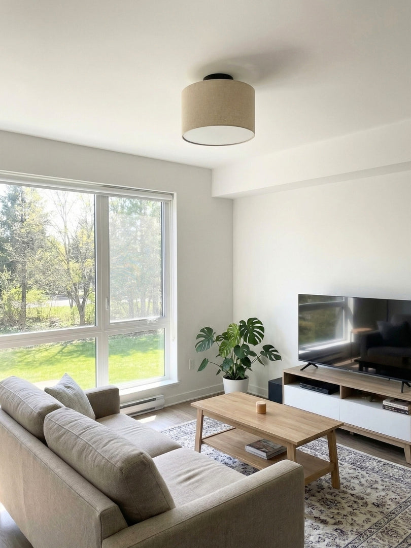 Lámpara de techo empotrada Jelvane Linen Drum: moderna lámpara de techo de tela para dormitorio