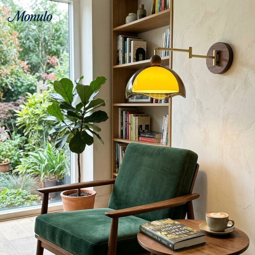 Sunset Glow Modern Wall Sconce with Acrylic Shade and Wood-Texture Base for Bedroom Hallway Living Room