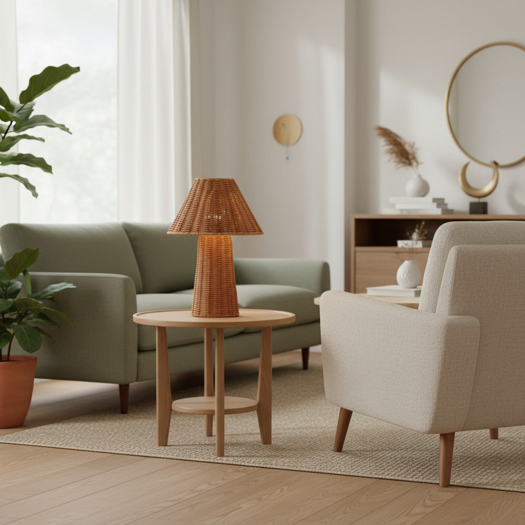 Wickara Skulpturale Rattan Mini-Tischlampe – Natürliche Geflochtene Oberfläche, Geeignet für Beistelltische & Eingangsbereiche