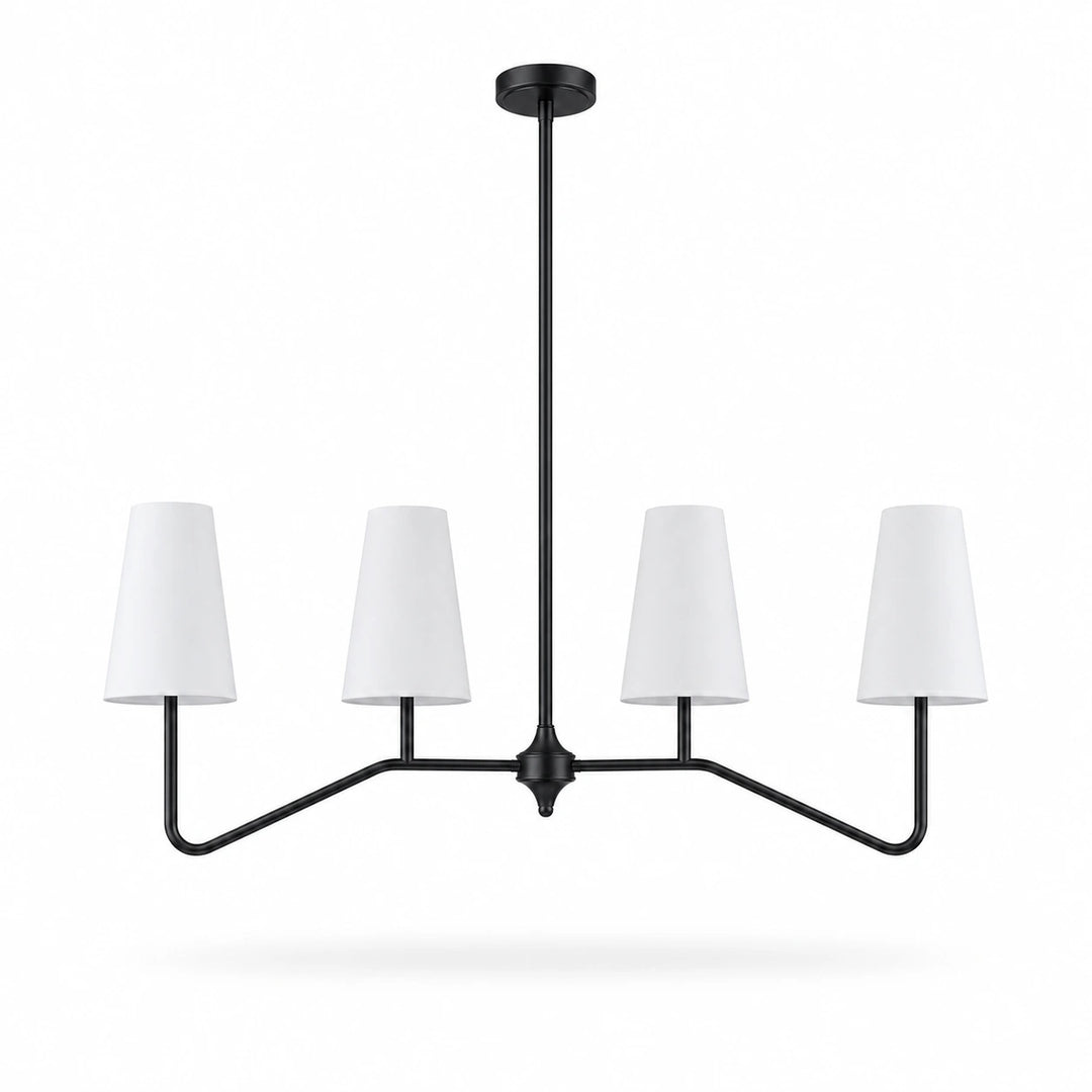 Strellux linear chandelier in black finish with white shades