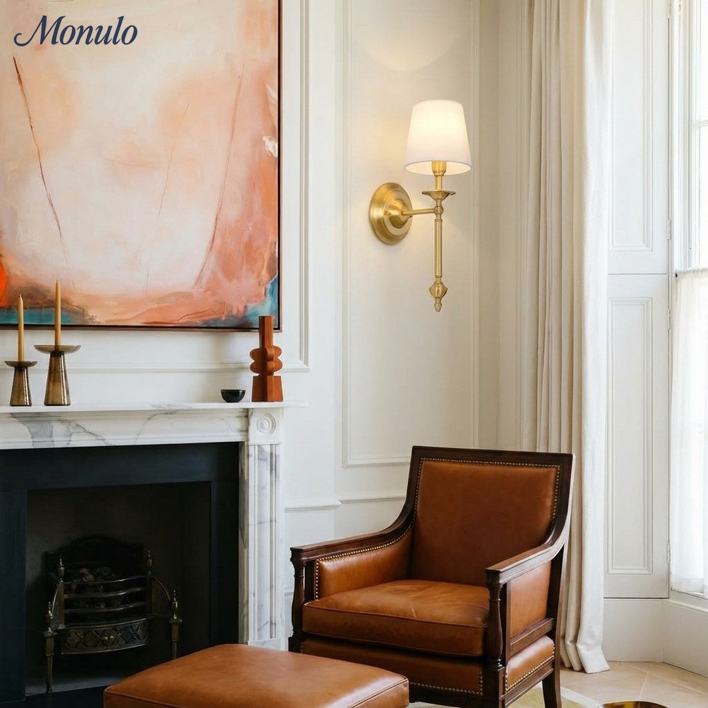 Aplique de pared con pantalla de tela Rowan en cobre antiguo: lámpara vintage de lujo para interiores 