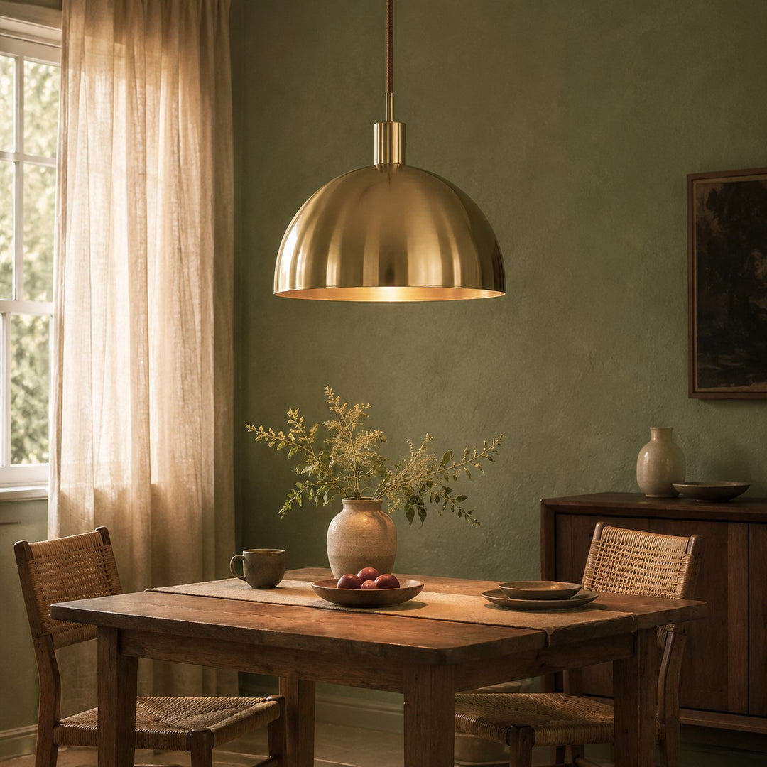 Brass dome pendant light in a warm interior setting