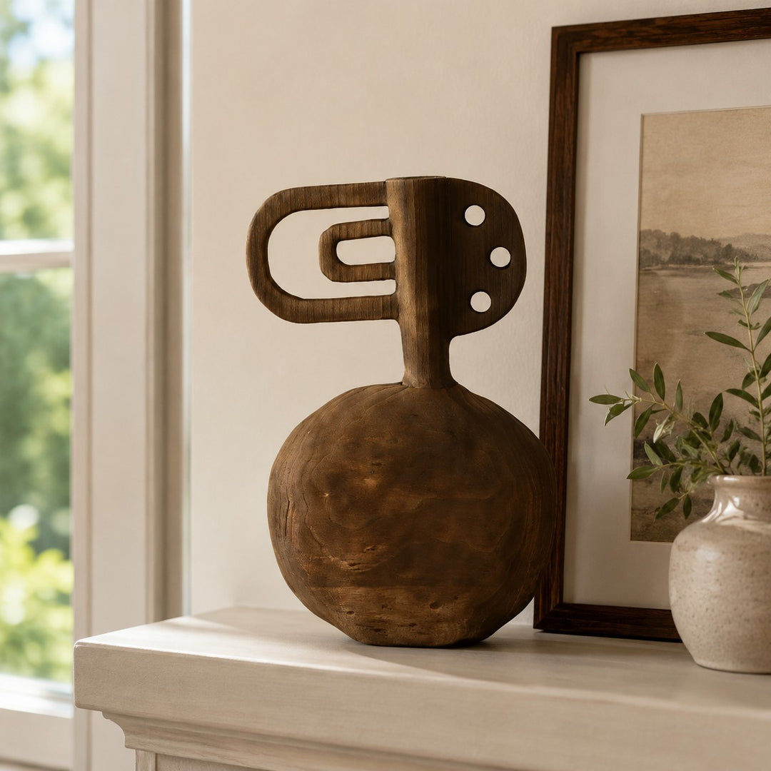 Hand-Carved Solid Wood Sculptural Vase