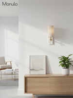 Load image into Gallery viewer, Mavora Linen Shade Wall Lamp with Stone Back Plate – Elegant Bedroom Wall Light
