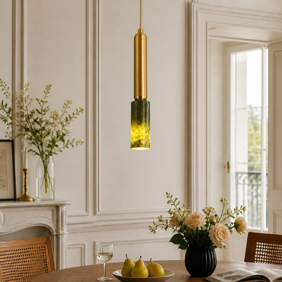Slim Brass and Green Jade Pendant Light