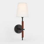 Cargar imagen en el visor de la Galería, matte black wall sconce with brown leather and white fabric shade