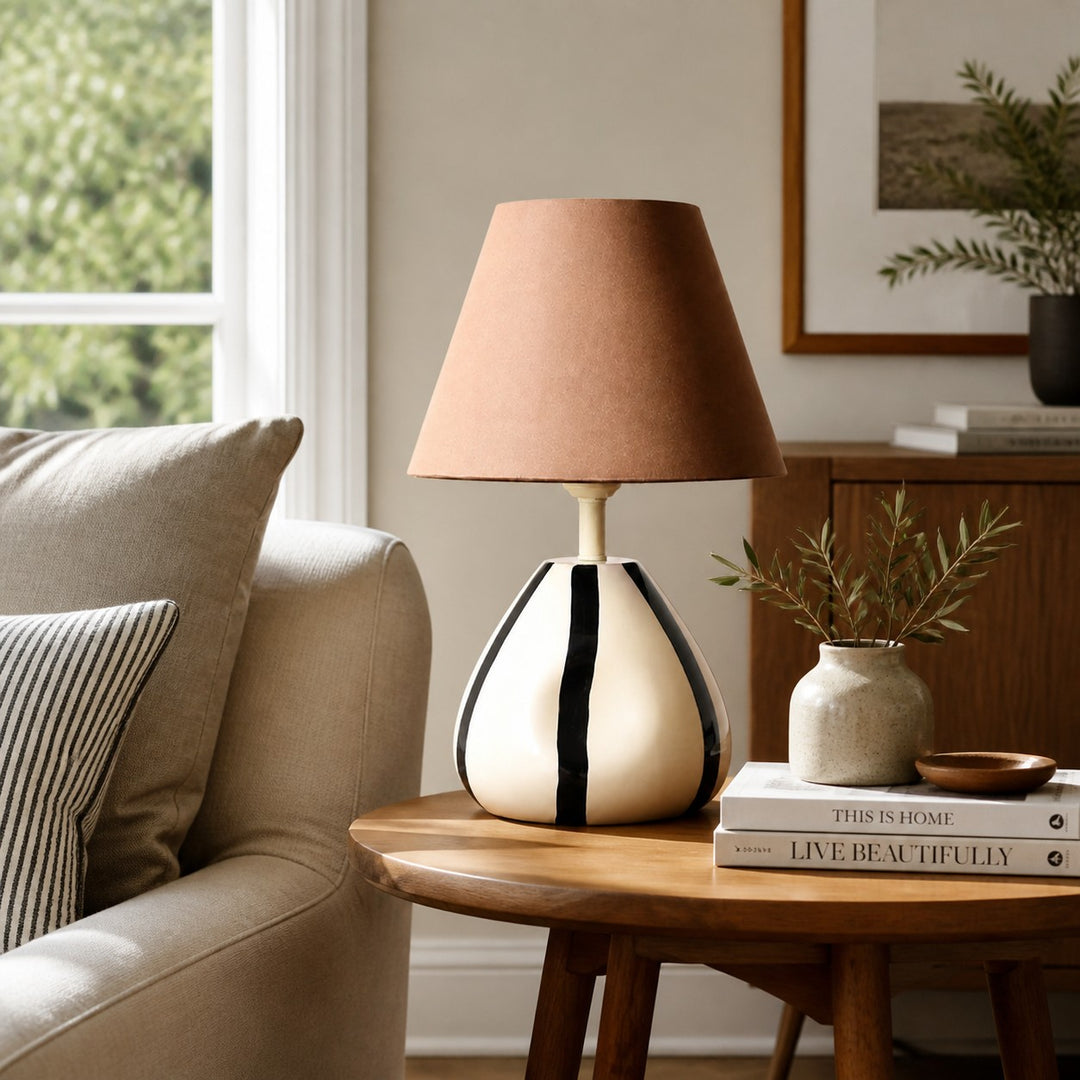 Sculptural Striped Ceramic Table Lamp with Fabric Shade