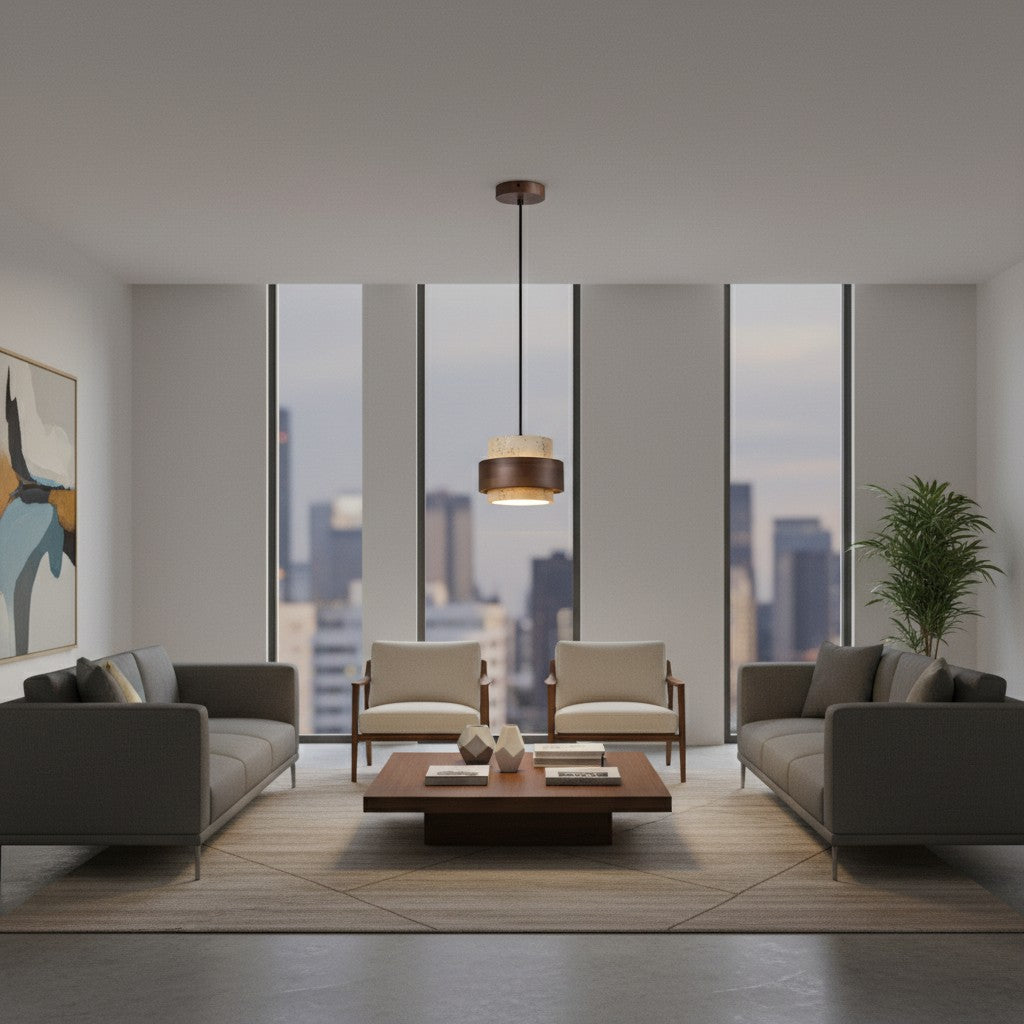 Lámpara colgante cilíndrica contemporánea de travertino Stonel con marco de madera U14