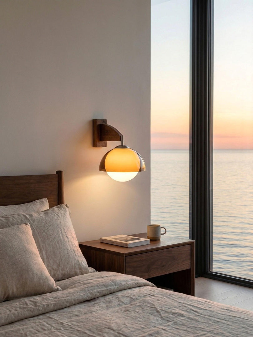 Applique murale Sunset Vintage Modern – Lampe à double abat-jour de la série Sunset avec base texturée en bois