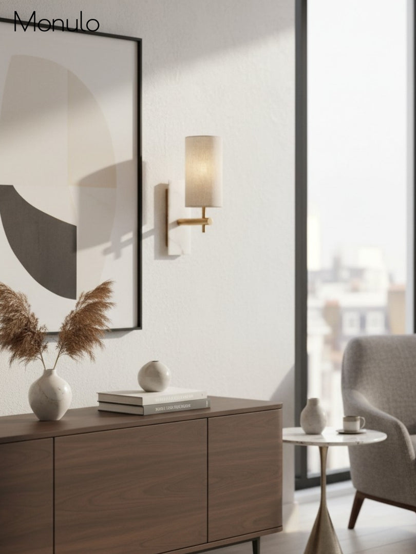 Mavora Linen Shade Wall Lamp with Stone Back Plate – Elegant Bedroom Wall Light