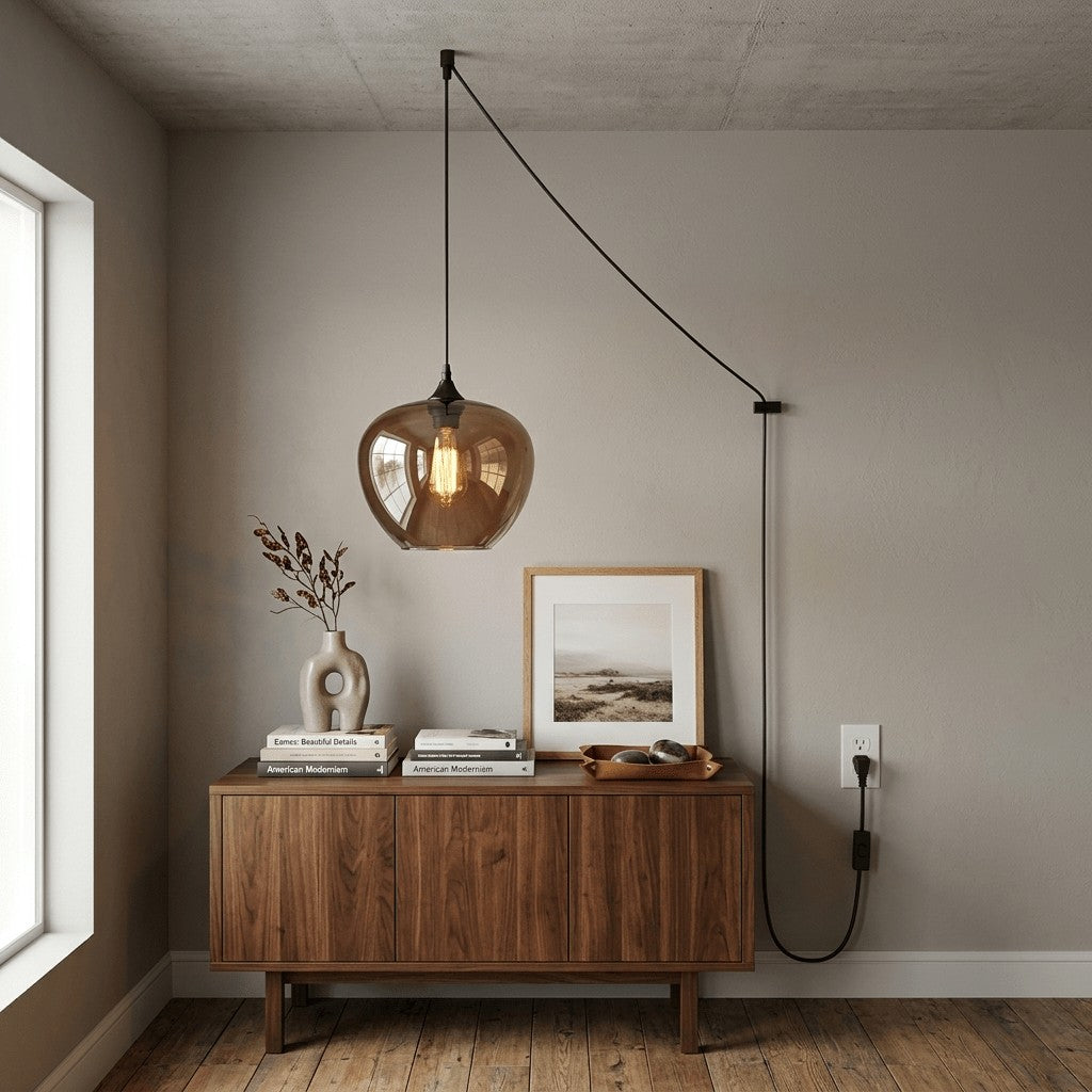 Smoky Gray Hand-Blown Glass Plug-In Pendant