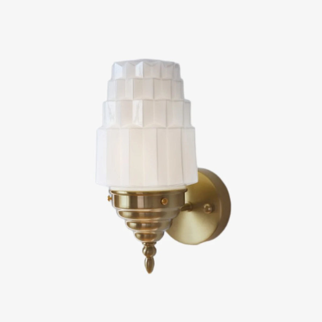 Antique brass hardwired Art Deco wall sconce with white glass shade