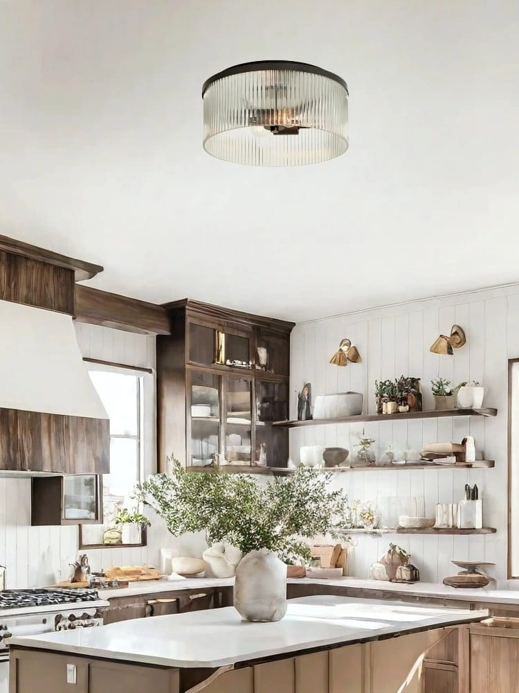 Bravira Elegant Ribbed Glass Flush-Mount Ceiling Light – Modern Low-Profile Fixture for Bedroom