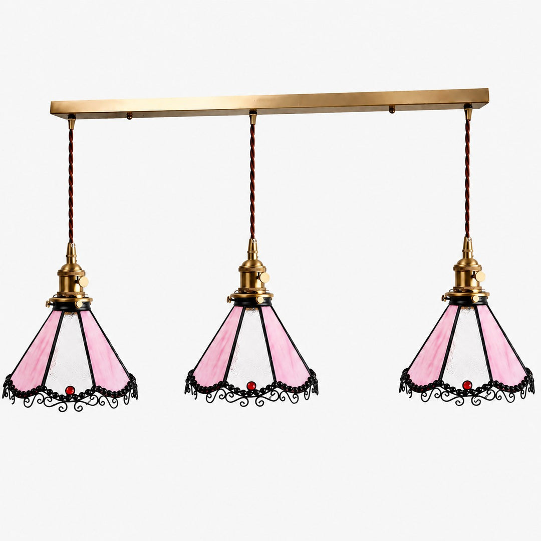 Pink three-light stained glass linear pendant