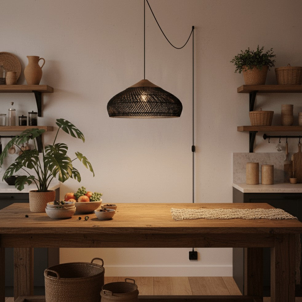 Woven Rattan Wood Plug-In Pendant Light