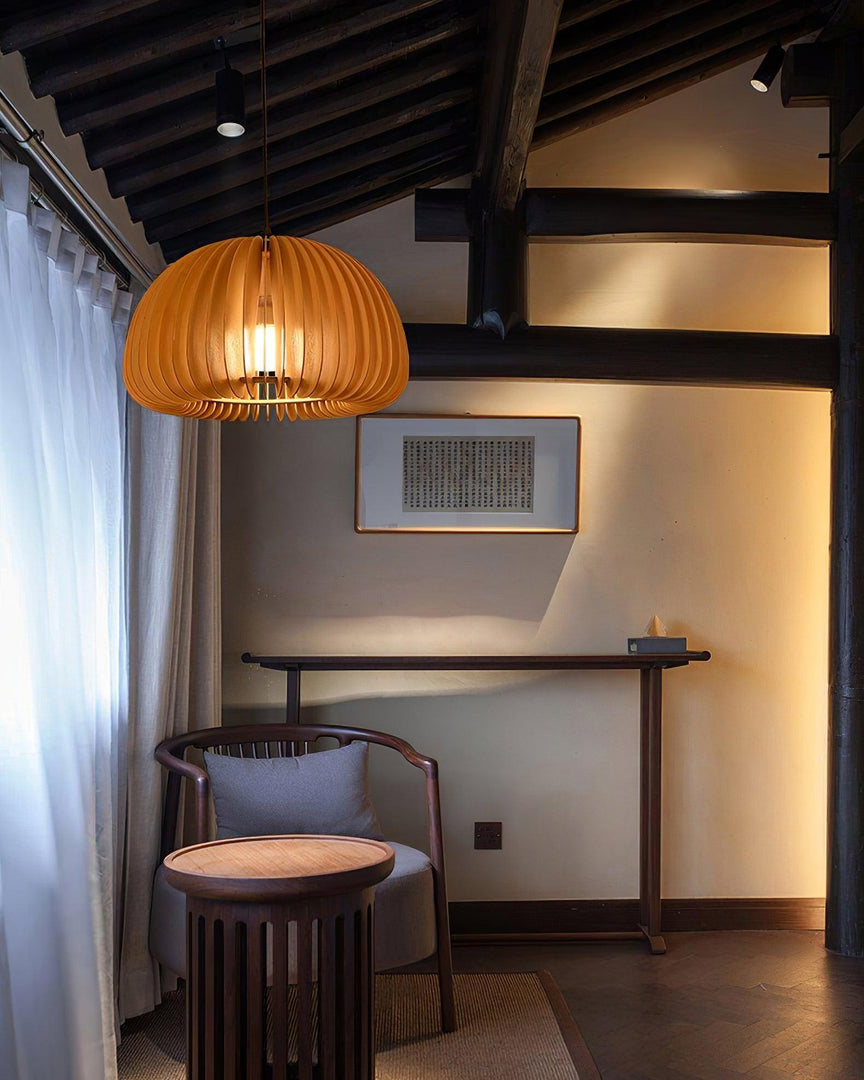 Rounded Wood Slat Swag Pendant Light