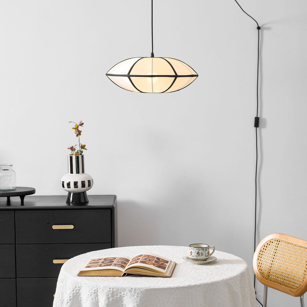 Black Metal White Fabric Plug-In Swag Pendant