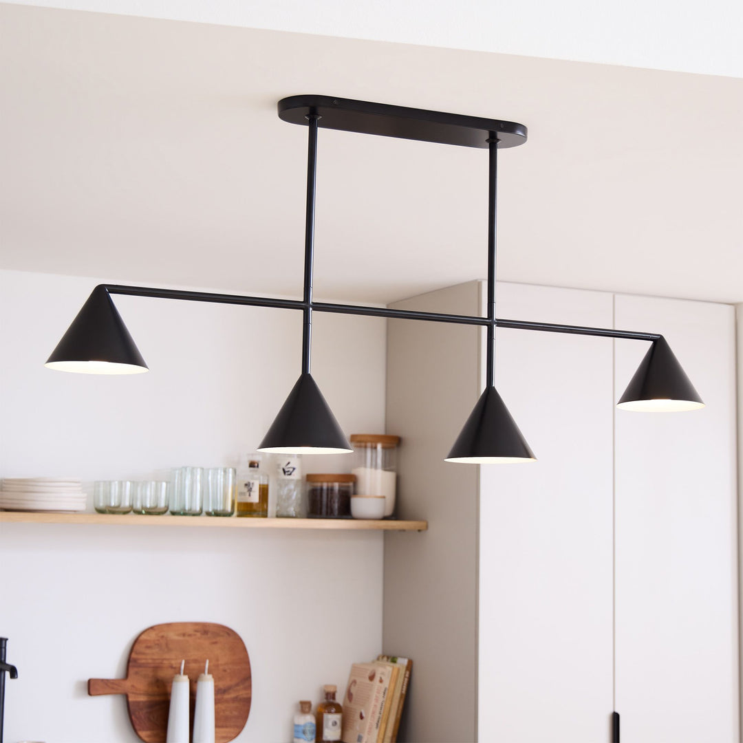 Lámpara de araña de metal con pantalla cónica Brivana: lámpara de comedor minimalista lineal