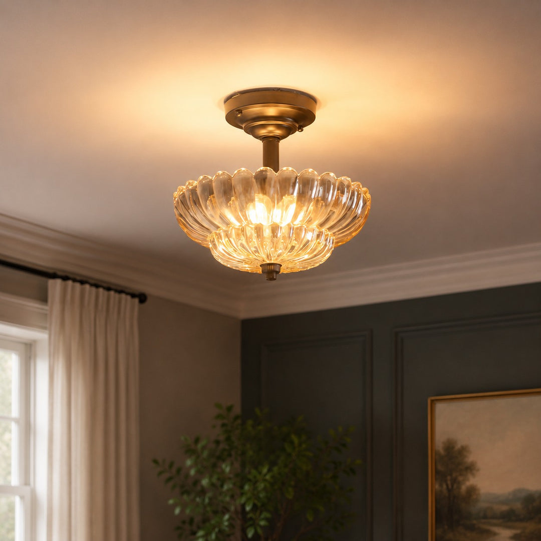 Fluted glass ceiling fixture glowing in a dark paneled room