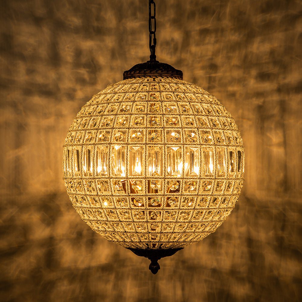 Lustre globe en cristal vintage luxueux avec finition en laiton antique