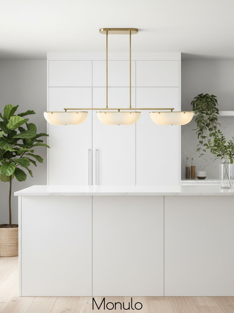 Ferosa Brass Glass Linear Chandelier – 3 Light Milk Glass Dining Lighting